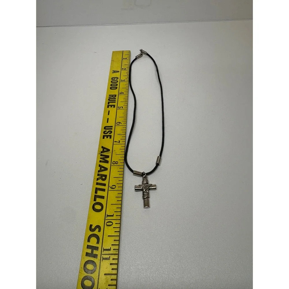 Silver Tone Wire Wrapped Cross Pendant Black Cord Necklace Industrial Biker